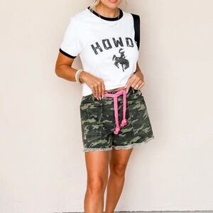 Camo Green Women's Shorts with Pink Accents
